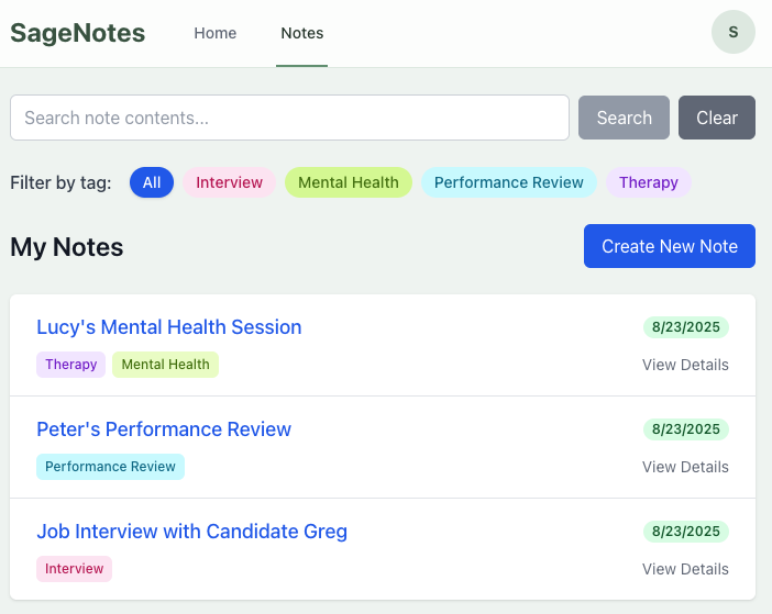 SageNotes Interface